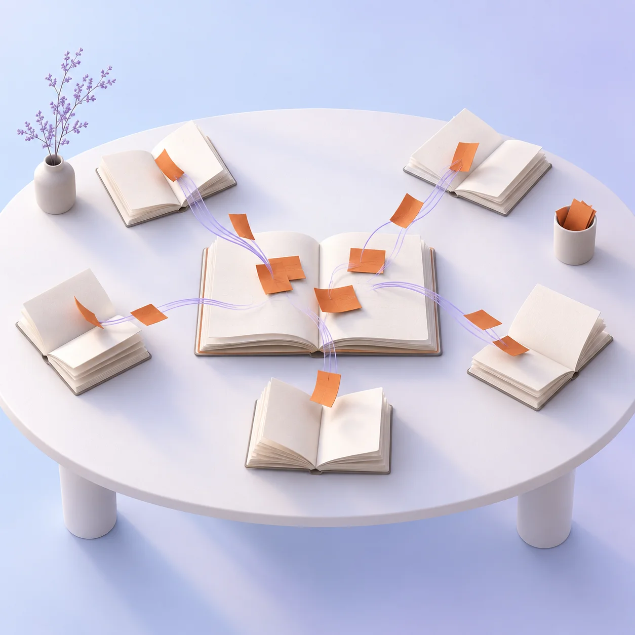 Individual notebooks connected to one shared notebook at the center of a table.