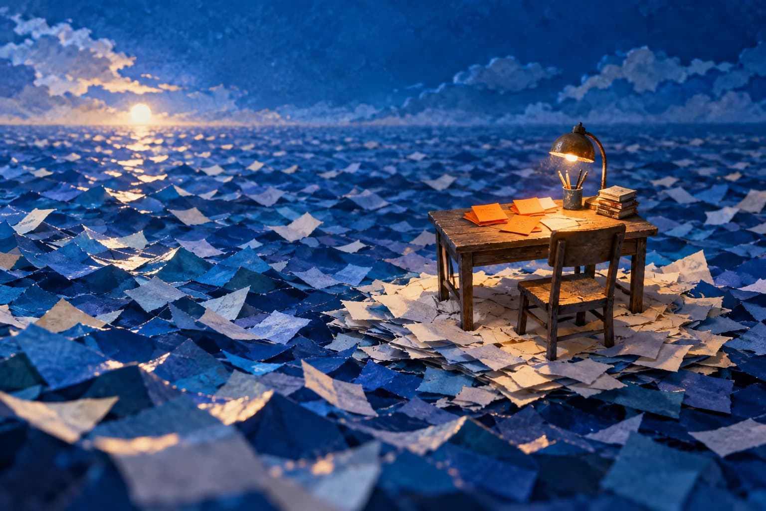A small illuminated desk surrounded by a sea of paper, with only a few thought cards in focus.