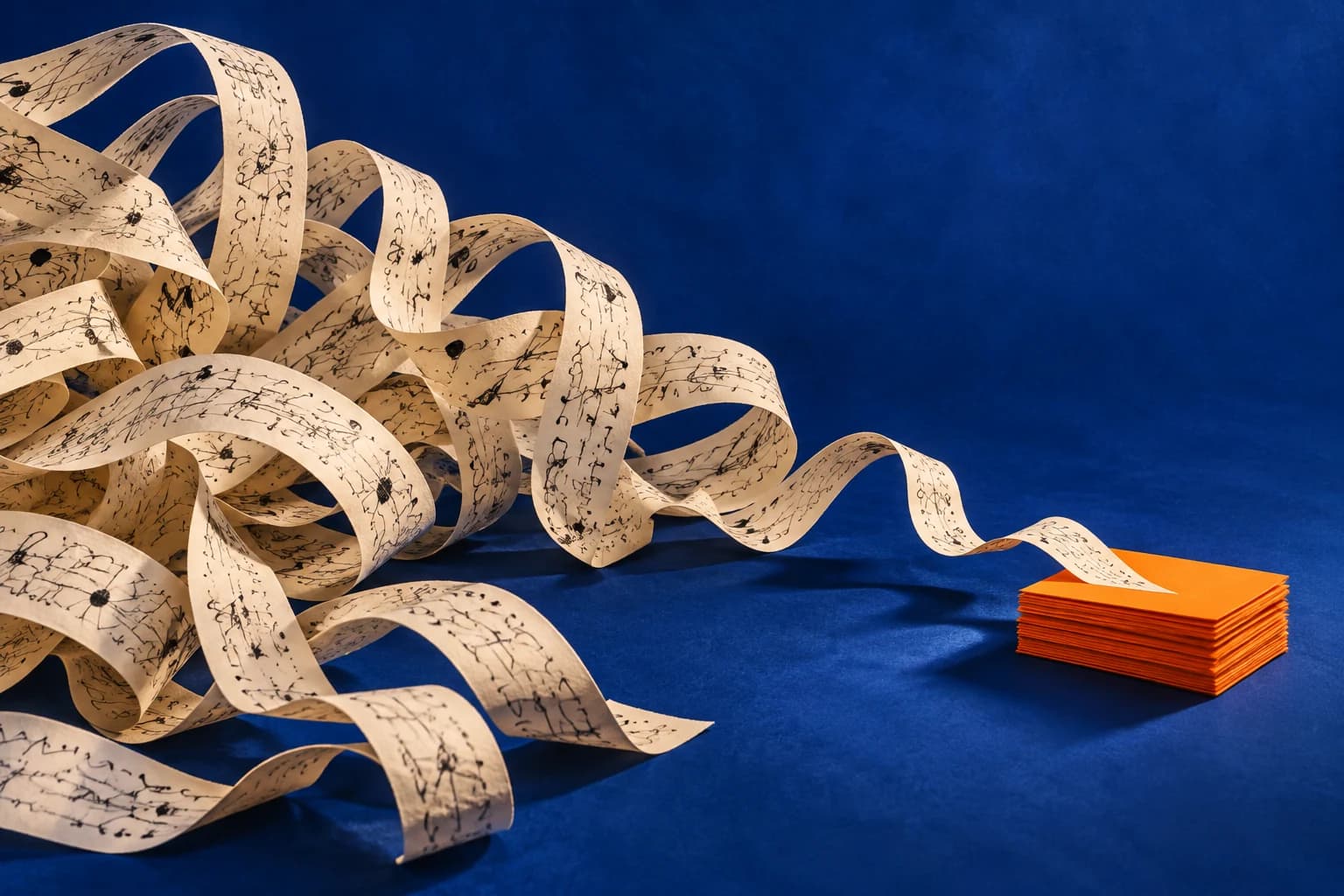 A winding stream of paper is distilled into a neat stack of orange cards.
