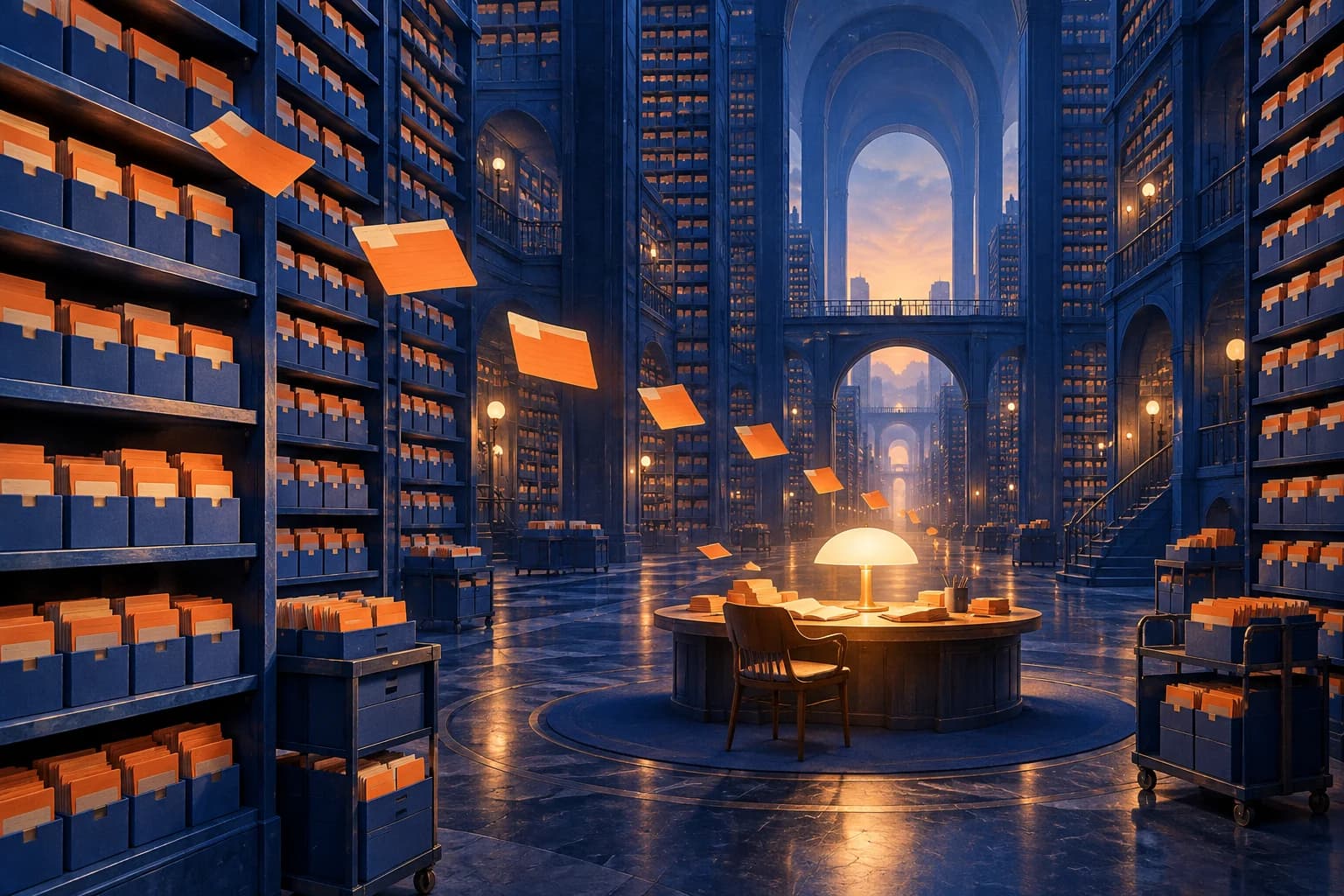 A vast cobalt library brings selected orange note cards to a warmly lit reading desk.