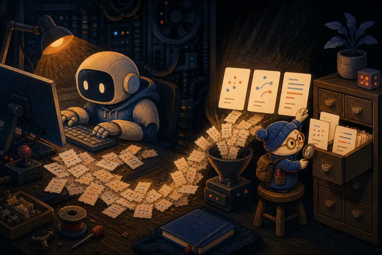 An AI agent works while a small archivist turns activity into observation cards.