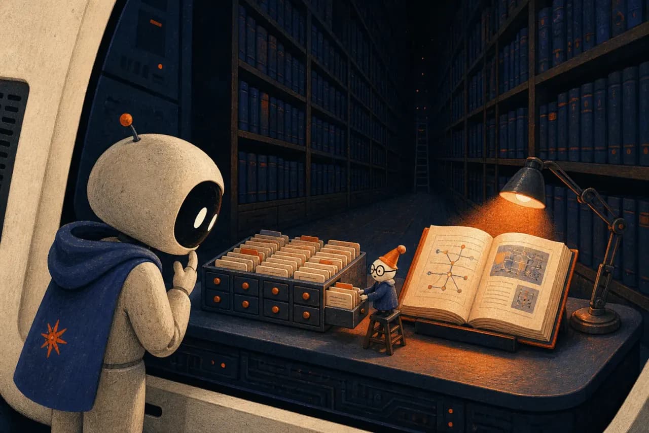 An agent consults a card catalog before a librarian opens one detailed book.