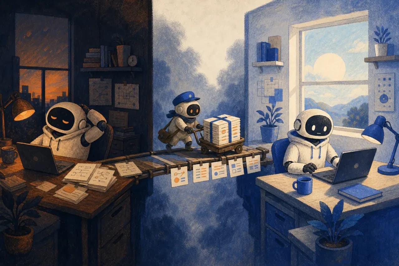 A courier carries a compact memory bundle from an evening workspace into a fresh morning workspace.