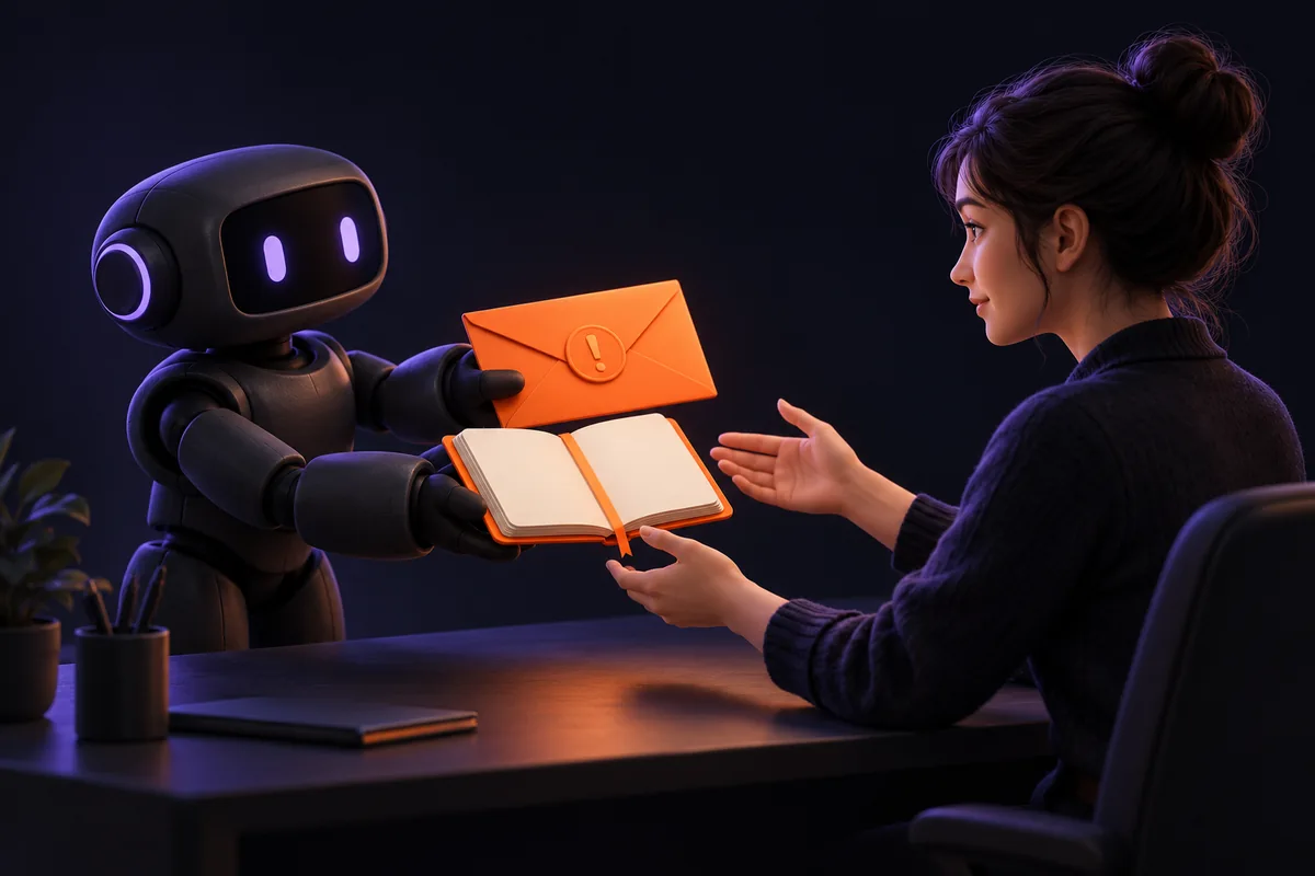An agent hands an orange warning envelope and a notebook of supporting history to a teammate.