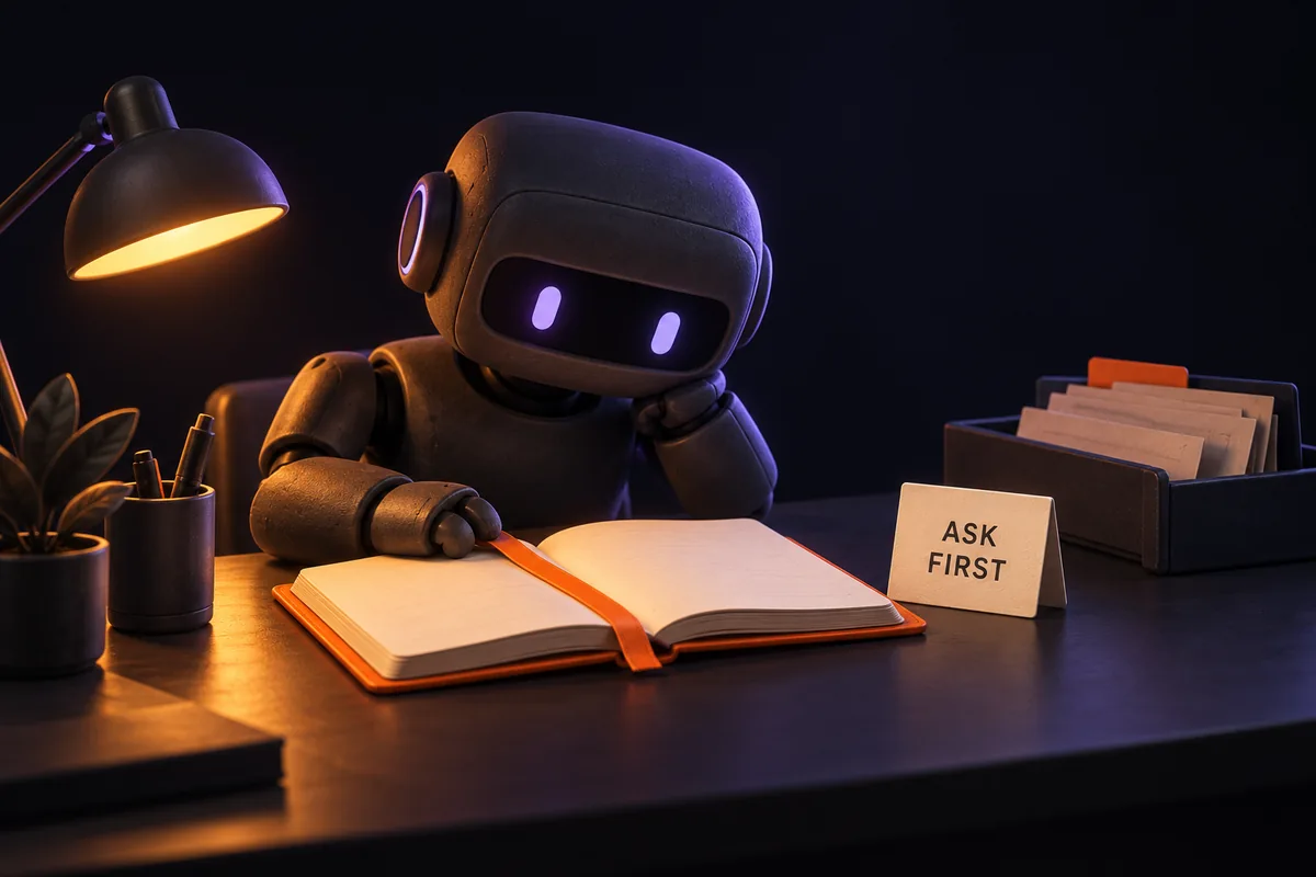 An agent reads an orange notebook beside an ASK FIRST reminder, with older notes safely filed nearby.