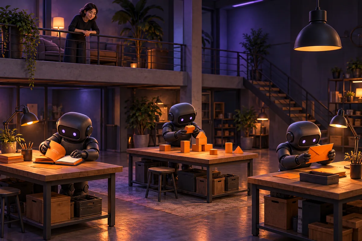 A teammate can see three agents working at separate benches in the same open workshop.